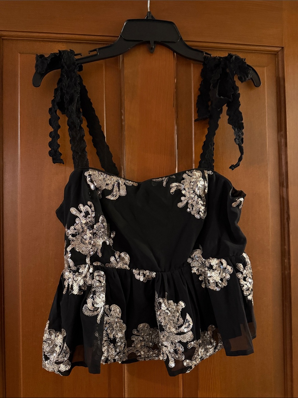 Black Sequin Floral Tie-Strap Peplum Top